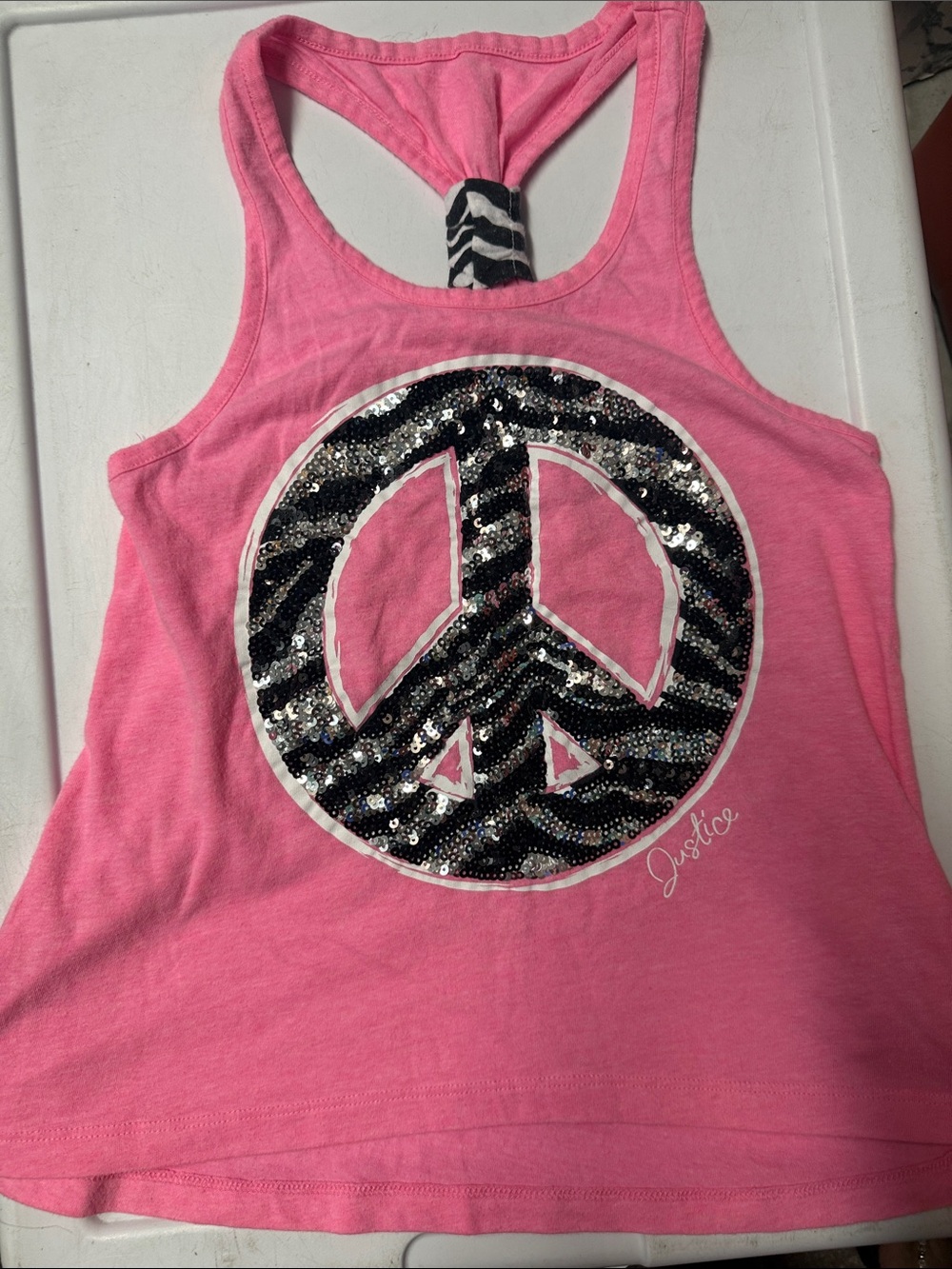 Justice Pink Tank Top with Black & Silver Sequin Peace Sign